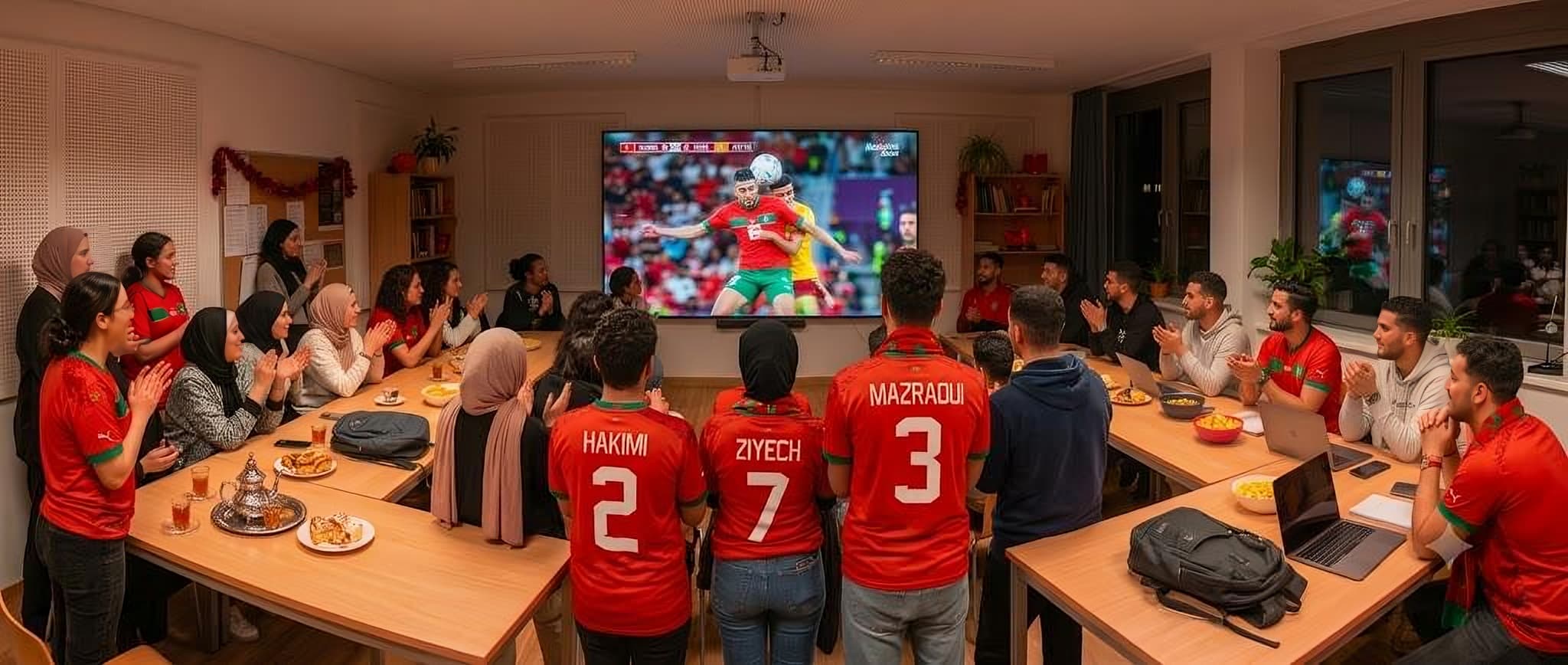 Moroccan students in Munich watching a football match together