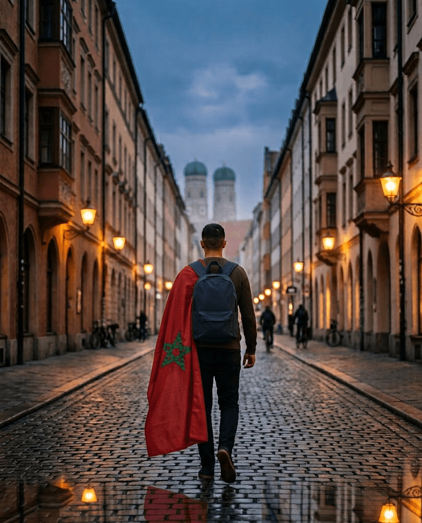 A Moroccan newcomer walking toward Munich's Frauenkirche with the Moroccan flag over his shoulders